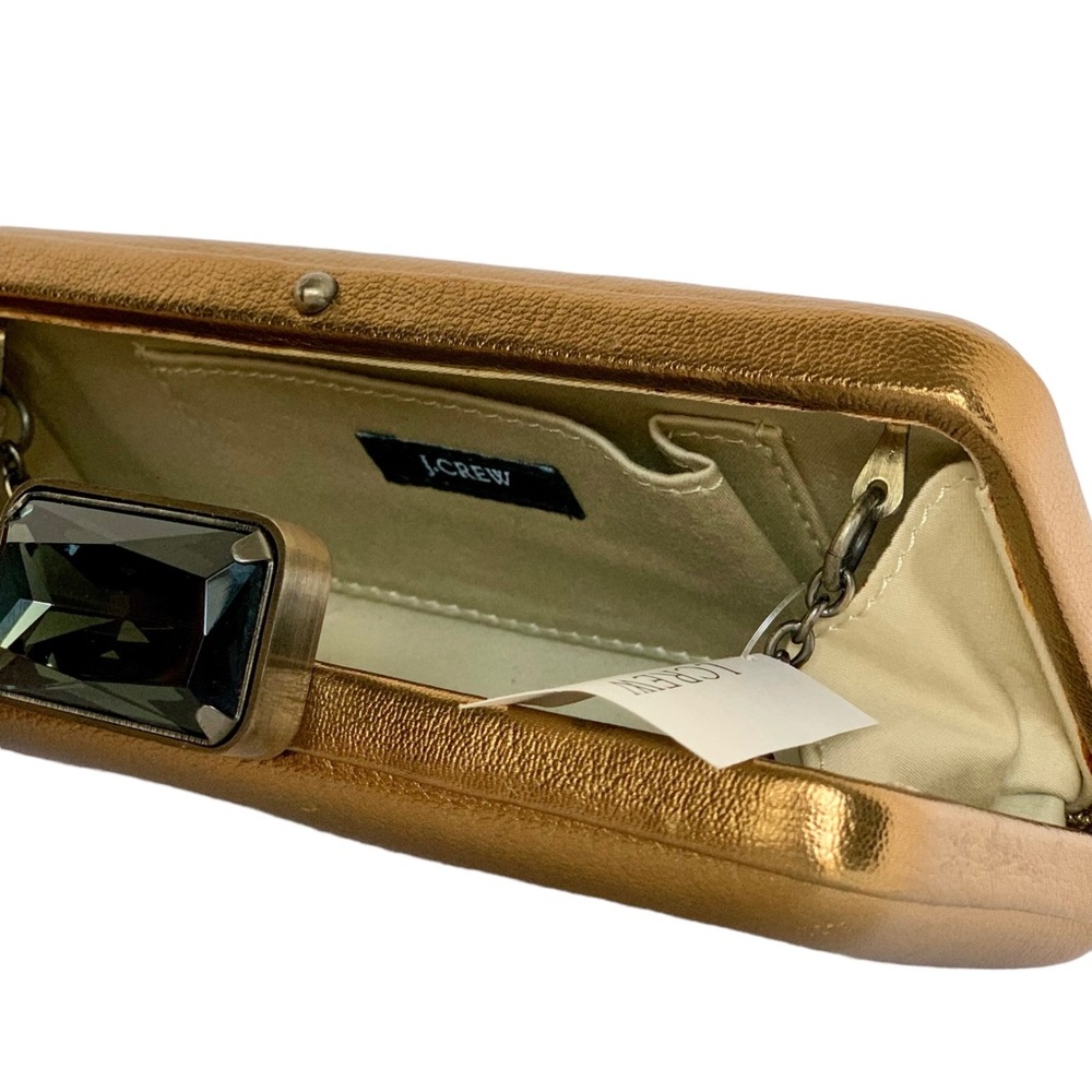 NWT Rare J. Crew Metallic Leather Frame Clutch Retractable Chain Handle - Picture 5 of 13